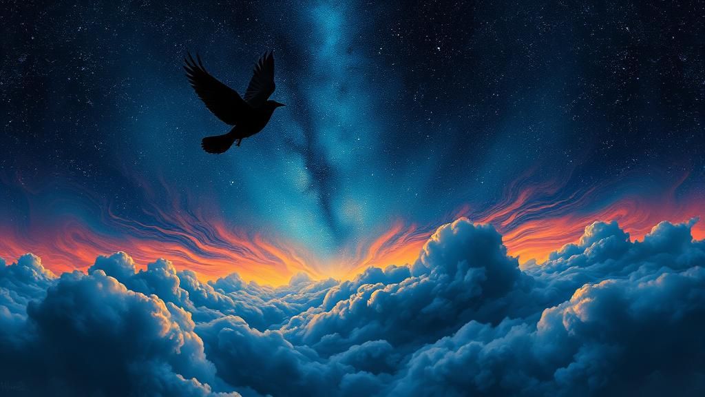 Blackbird Silhouette Soaring in Starry Night Sky