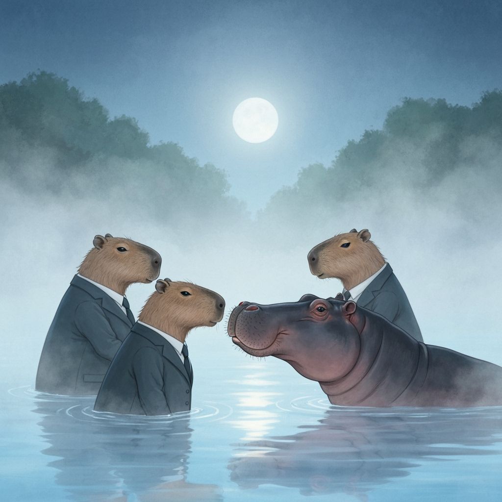 Capybaras and Hippos Meeting by Moonlight in Ink Style