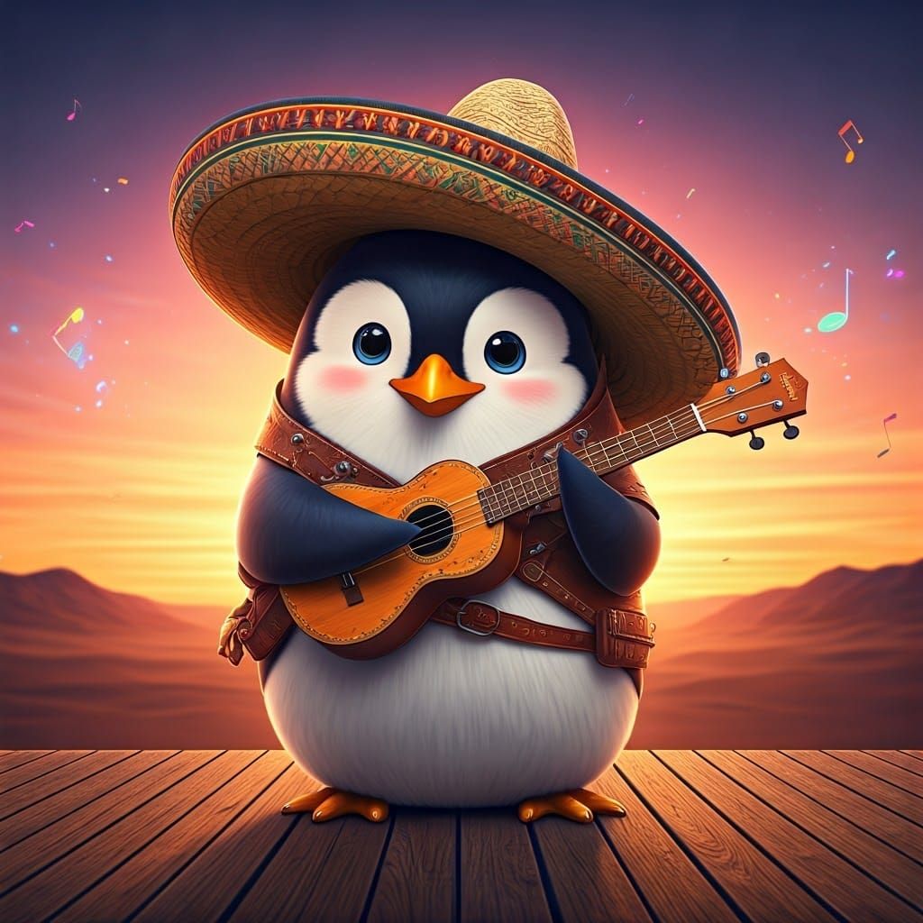 Penguin Serenade in Desert Sunset: 3D Digital Art