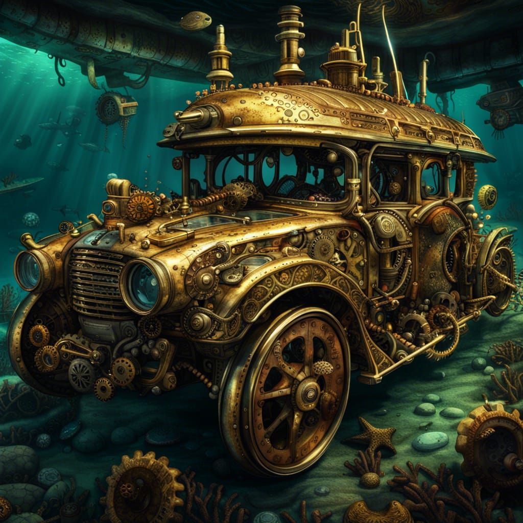 Steampunk Underwater Car in a Detailed Digital Painting