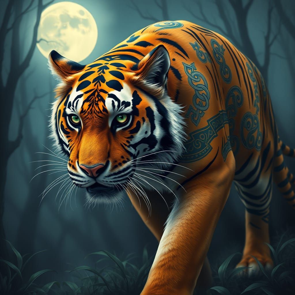 Tiger Adorned with Celtic Symbols in Art Nouveau Style
