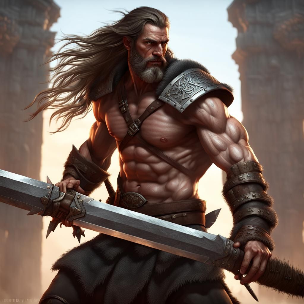 Cocky Barbarian Mercenary with Greatsword in Dark Fantasy St...