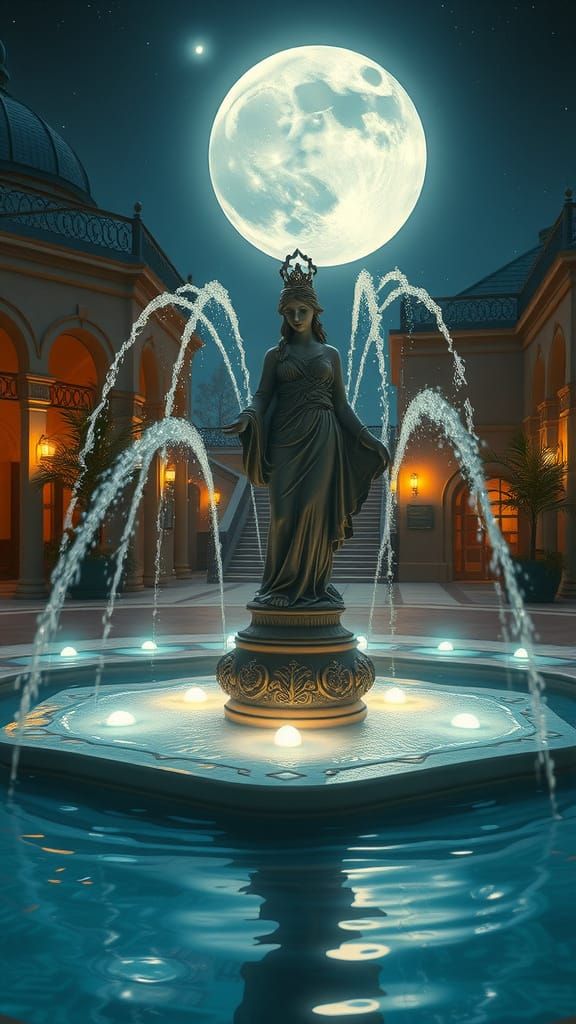 Goddess Statue in Moonlit Fountain Reflecting Cosmic Sky