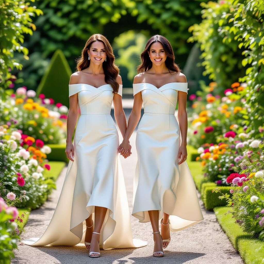 Elegant Portrait of Kate and Meghan in Palace Garden