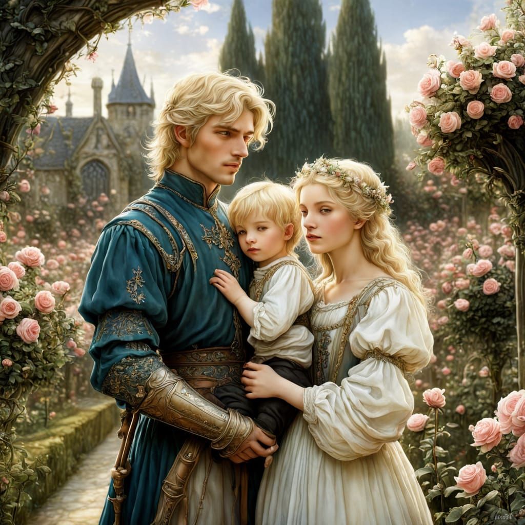Medieval Family in Rose Garden, Arthur Rackham Style