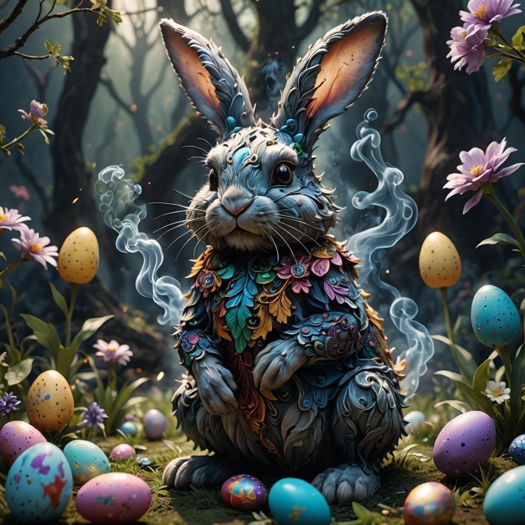 Fantastical Smoke Fairy Easter Bunny, Detailed Digital Art