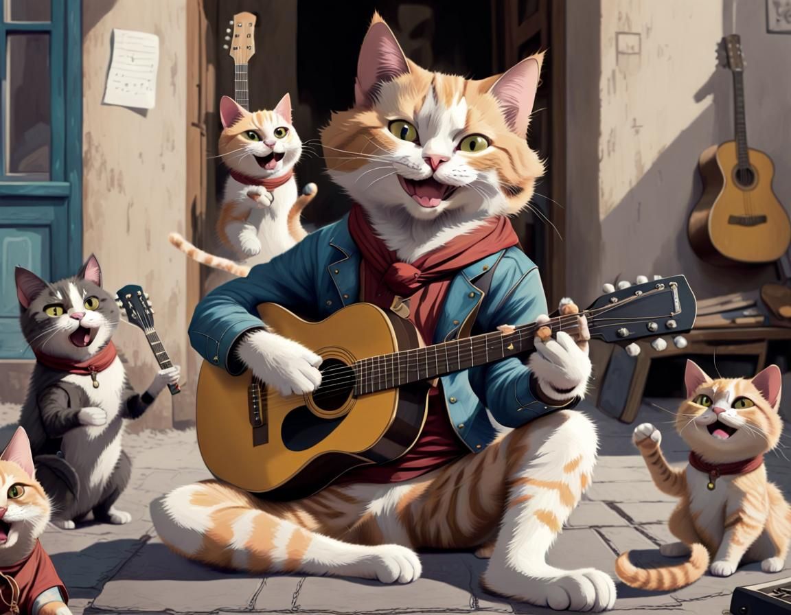 Optimistic Cat Bard Rapping with Guitar