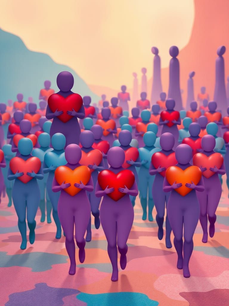 Figures with Hearts in a Surreal Landscape