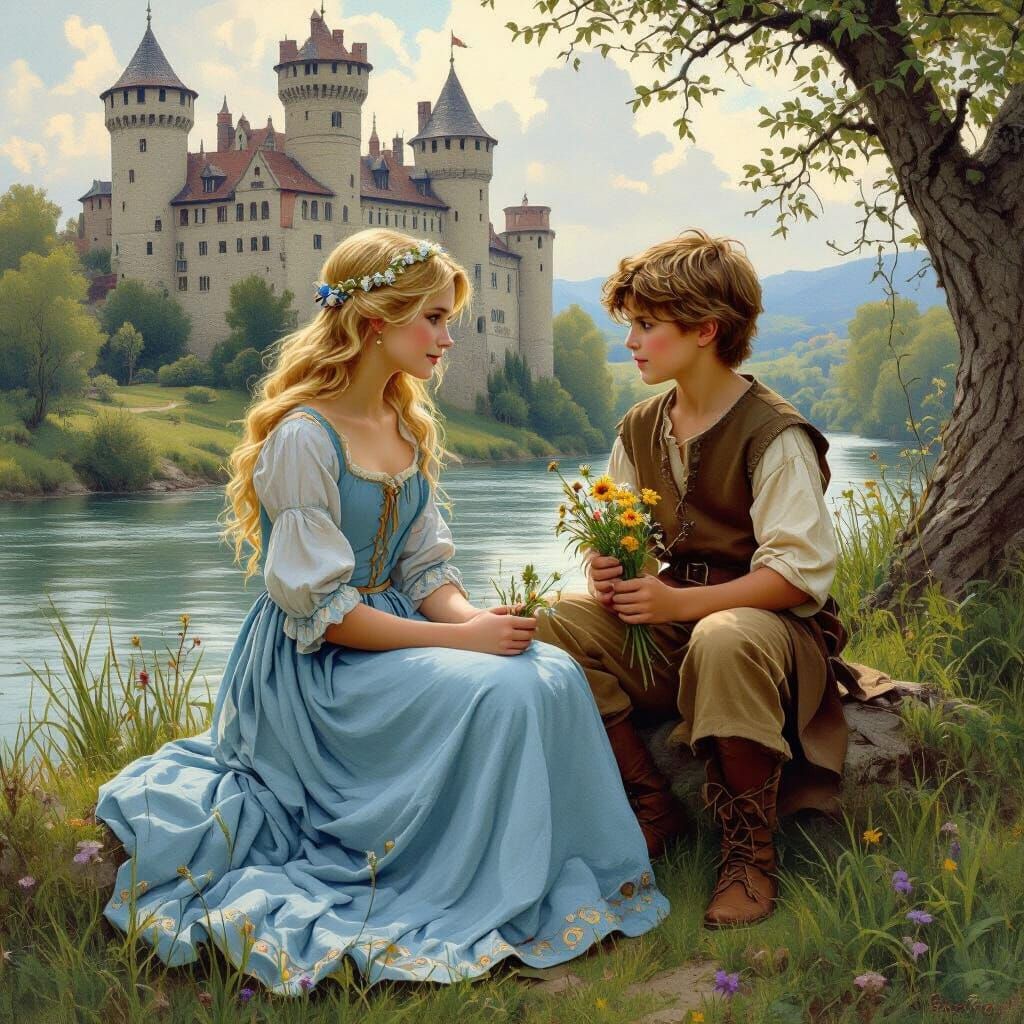 Shepherdess and Boy by River, Pre-Raphaelite Style