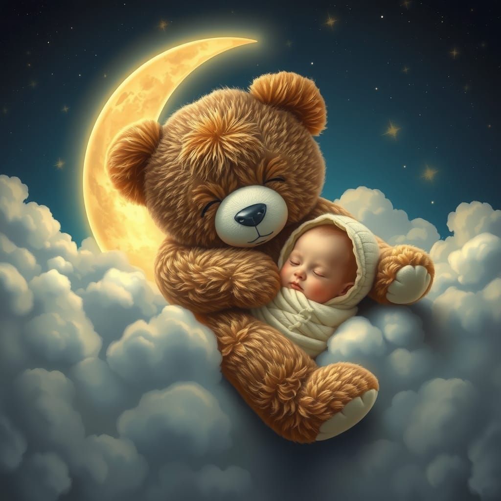 Teddy Bear and Baby on Moon, Arthur Rackham Style
