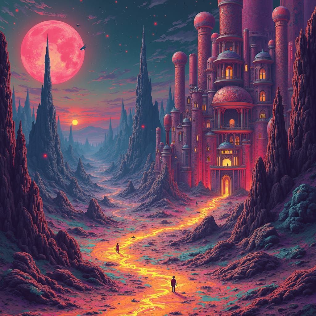 Vibrant Psychedelic Hellscape with Dreamlike Architecture