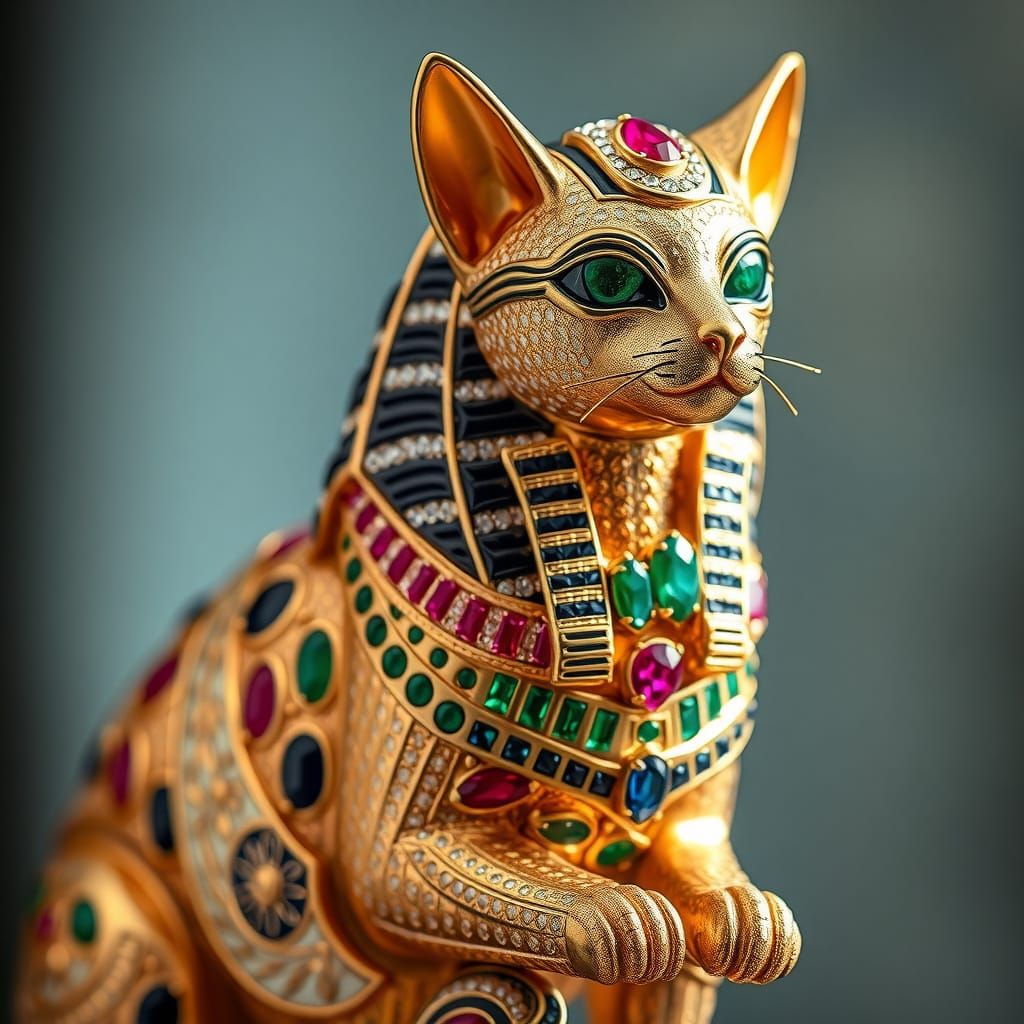 Regal Egyptian Cat Sculpture in Opulent Jewels