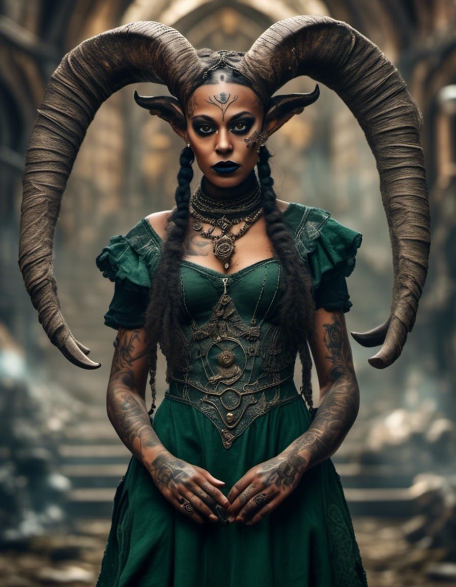 Hyperrealistic Witch with Ram Horns and Rune Tattoos