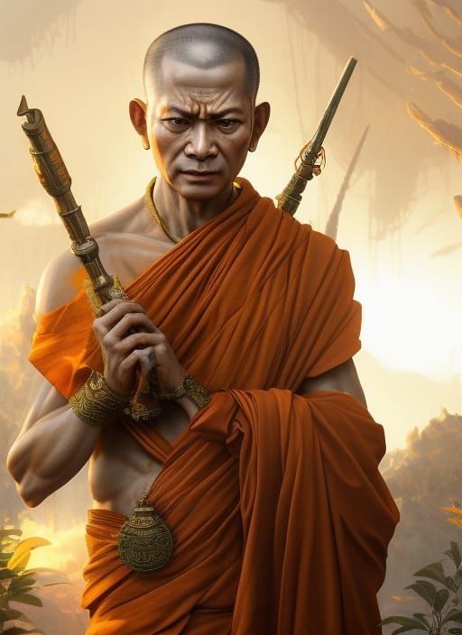 Detailed Therevada Monk Portrait in Digital Art Style