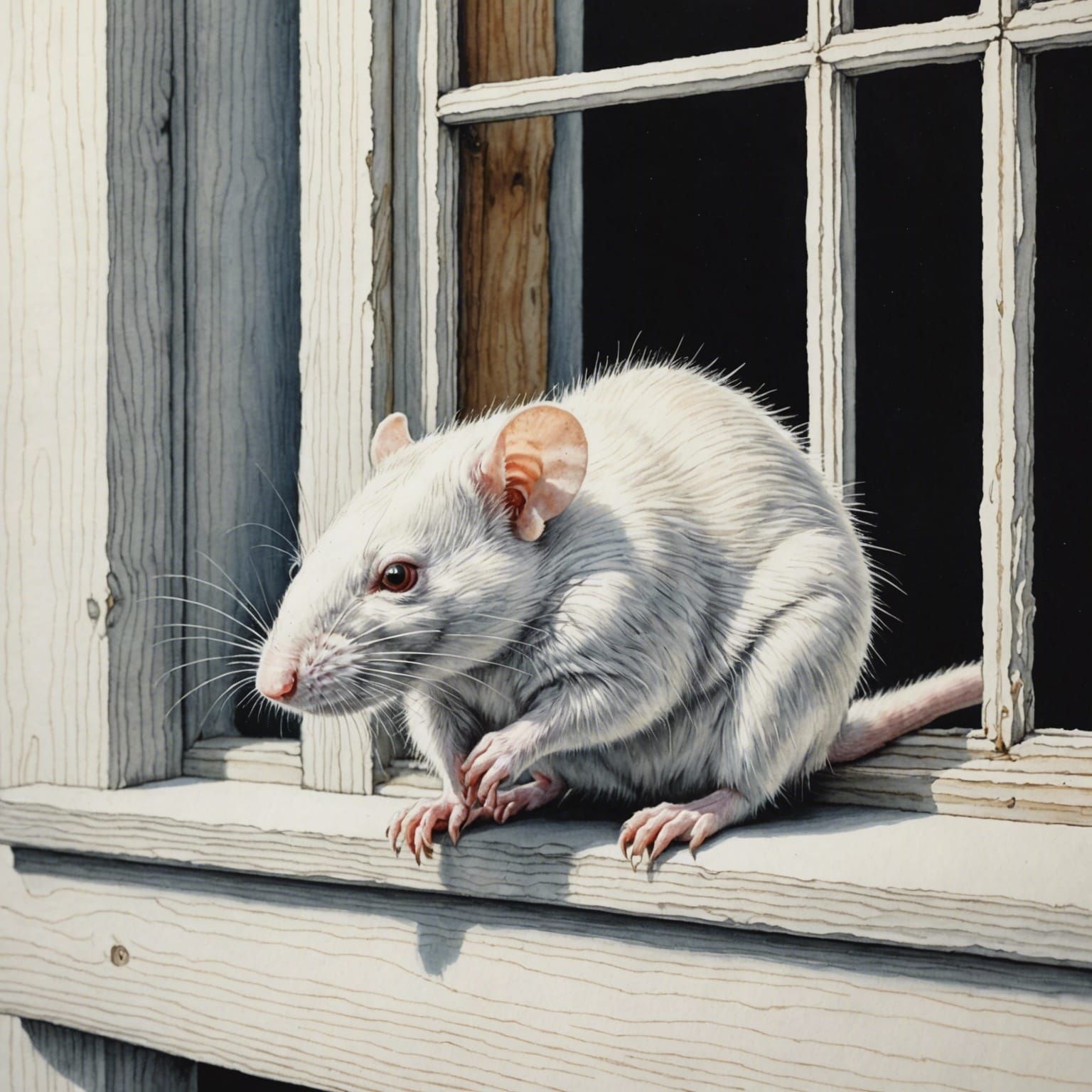 Albino Rat on Window Sill in Pen and Ink