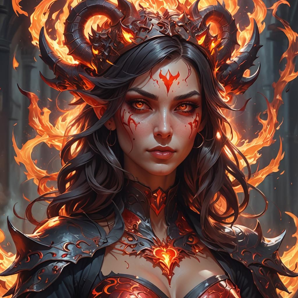 Devil Girl Portrait with Flaming Heart, Hyperdetailed Art