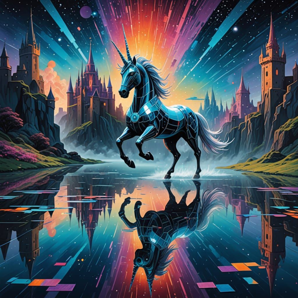 Cybernetic Unicorn Trots in Surreal Digital Painting
