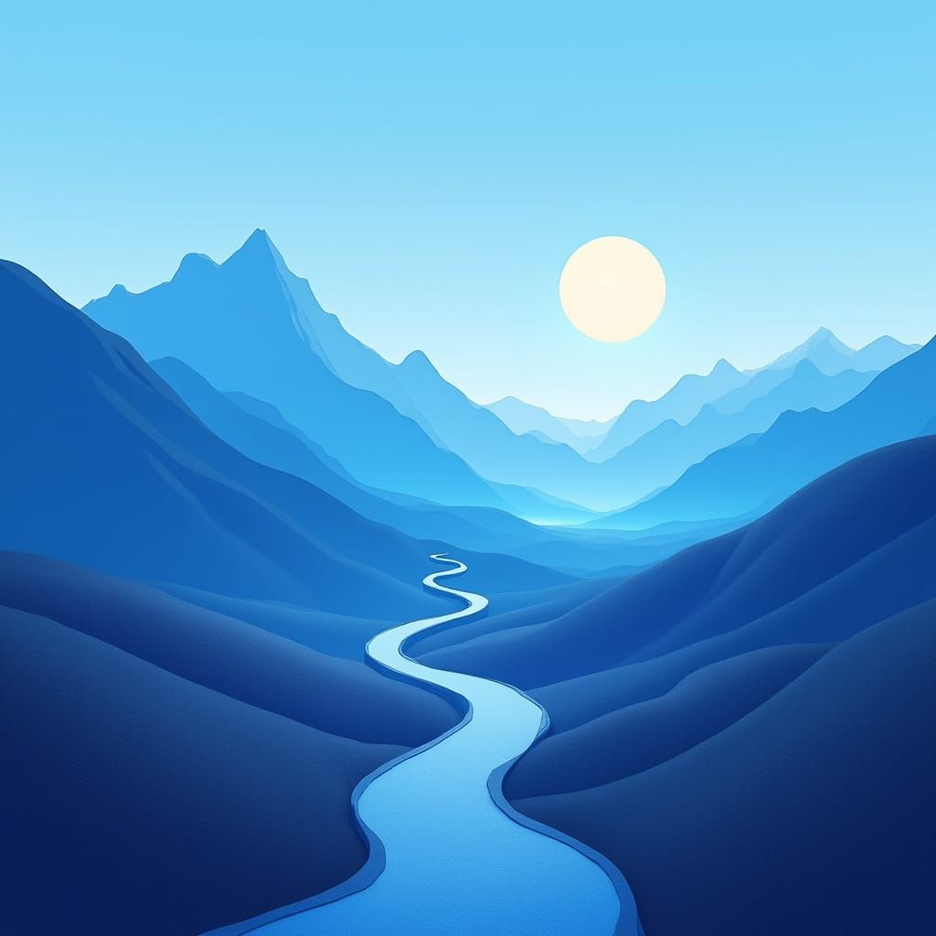 Photorealistic Blue Mountain Landscape with Sun and Path