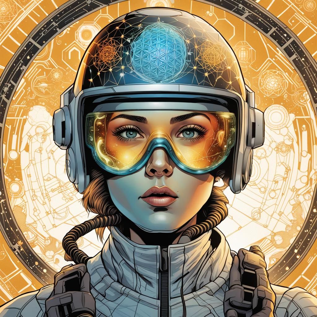 Woman in Honeycomb Space Helmet: Comic Book Art