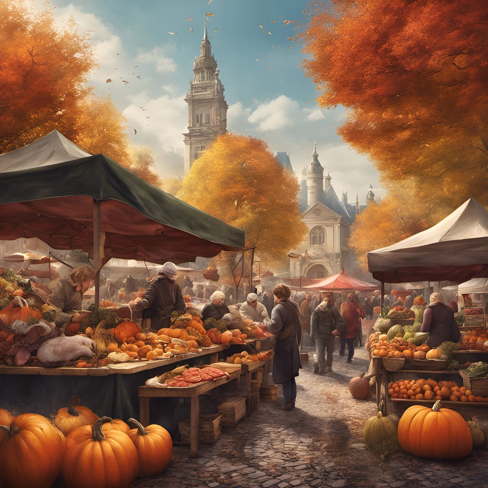 Bustling Autumn Farmers Market with Pumpkins