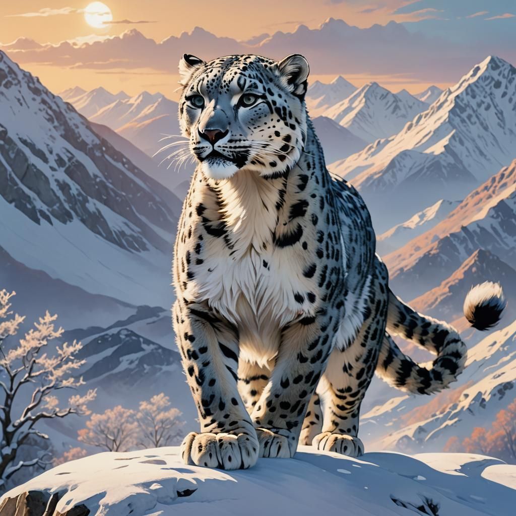 Cinematic Anime Snow Leopard Ready for Leap