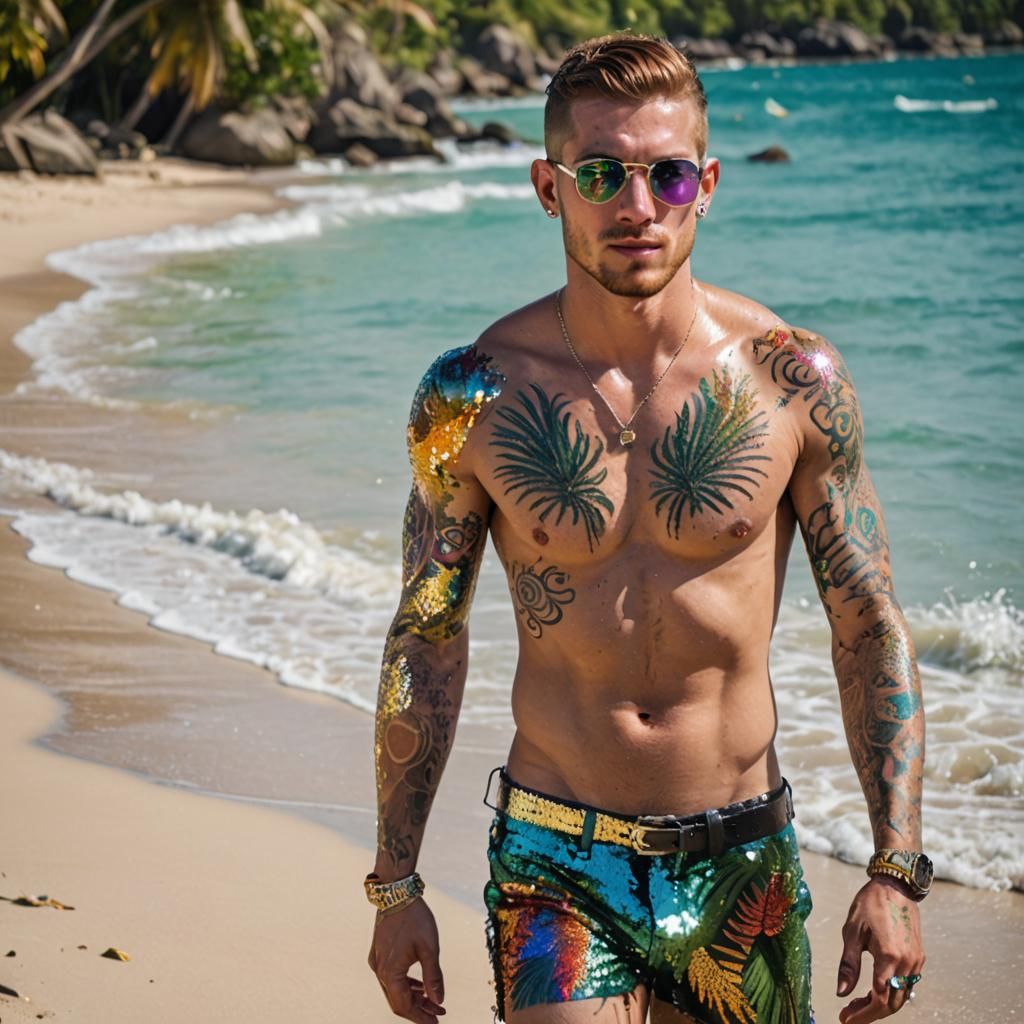 Glitter Tattooed Man on Tropical Beach