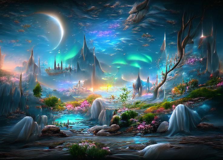 Luminous Crystal Spires in Iridescent Fantasy Landscape