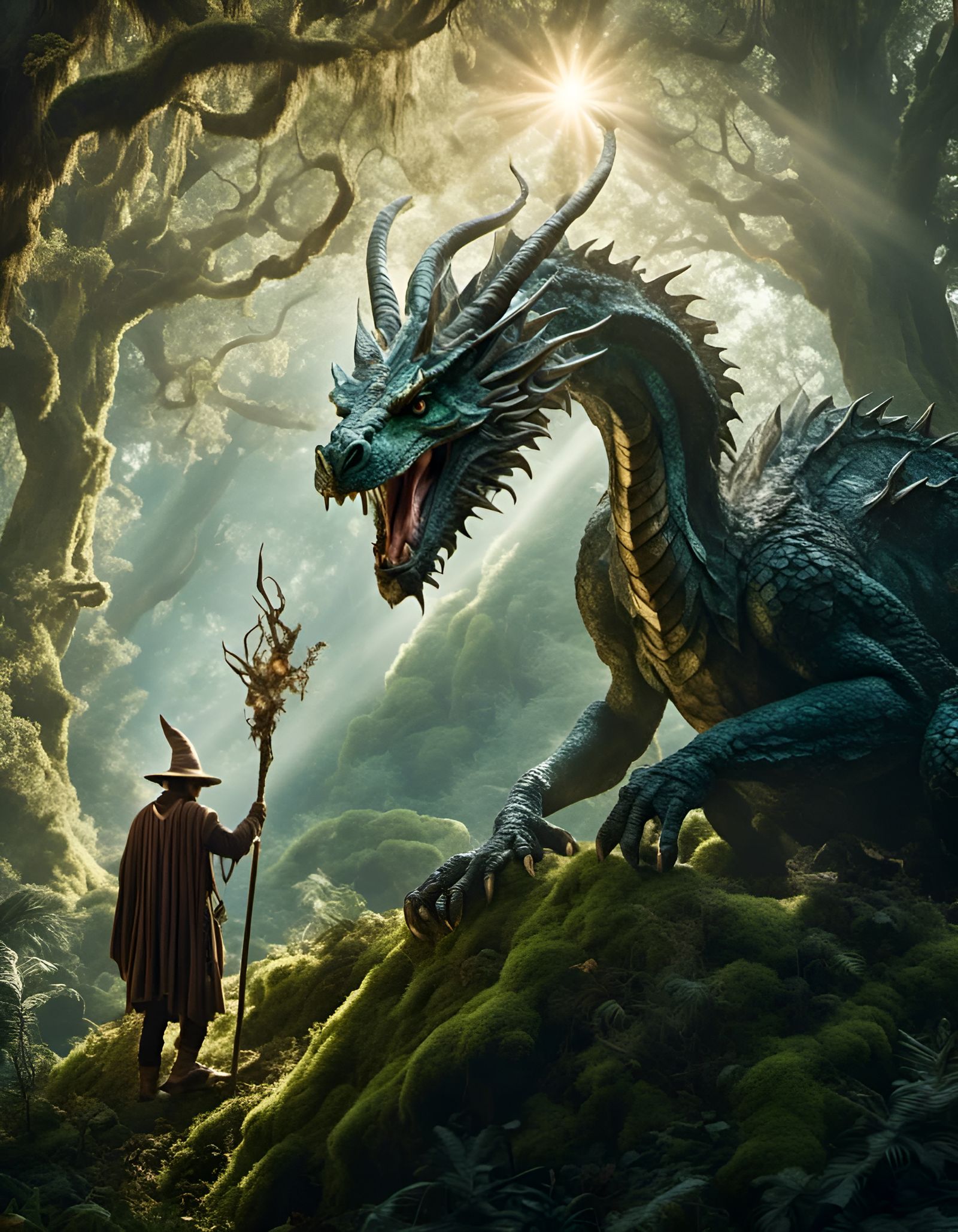 Photorealistic Wizard in Mossy Forest with Earth Dragon
