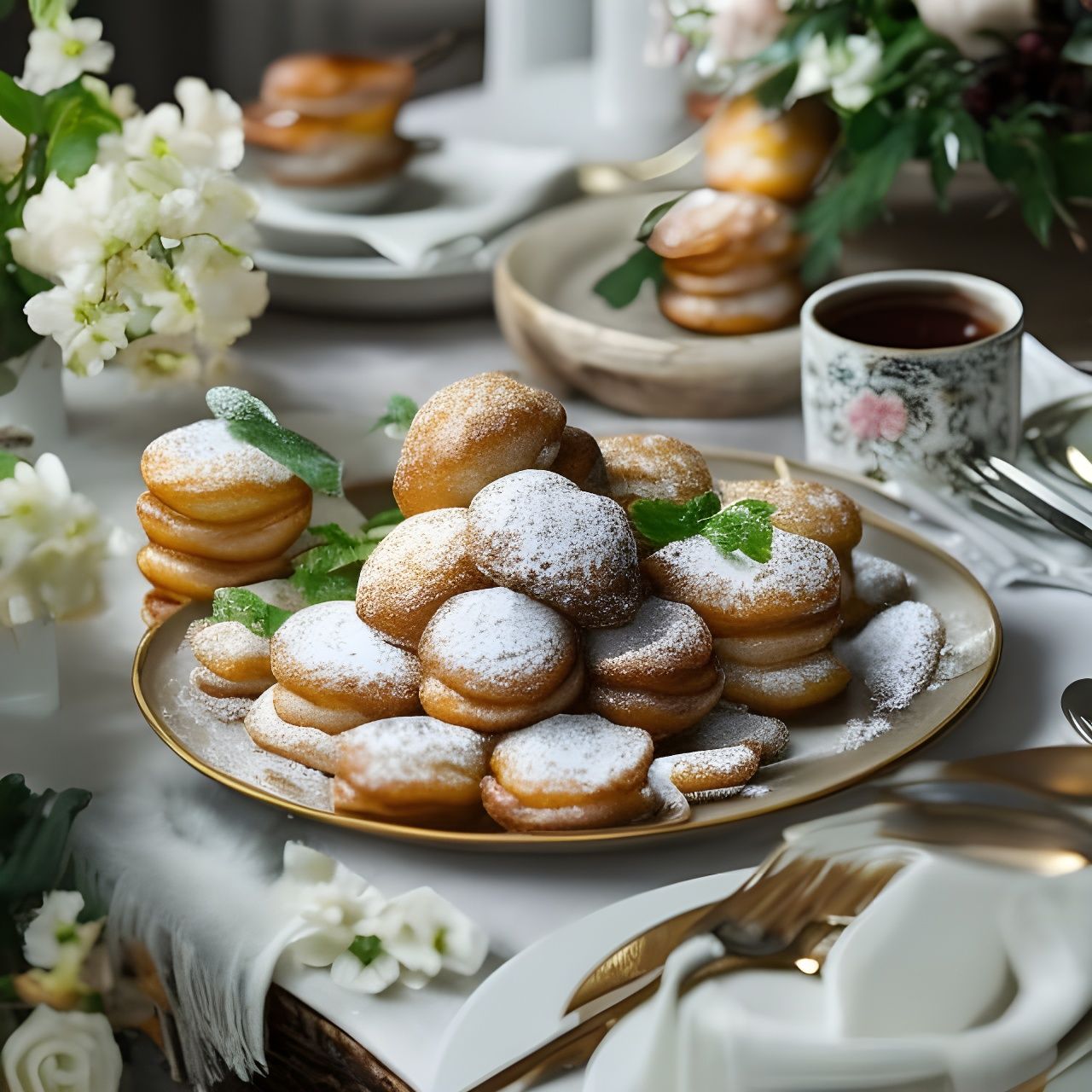 Hyperrealistic Beignets, Coffee, and Strawberries Still Life