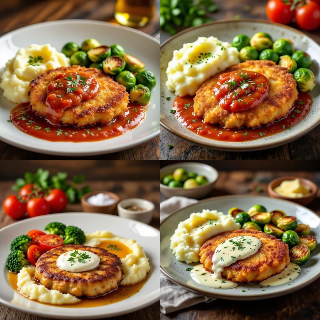 Delicious Tomato Schnitzel with Mashed Potatoes and Brussels...