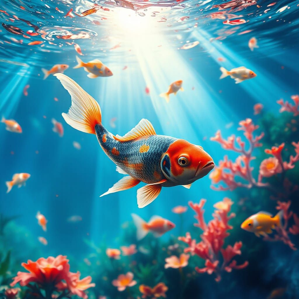 Luminescent Koi Fish in Fractal Underwater Realm