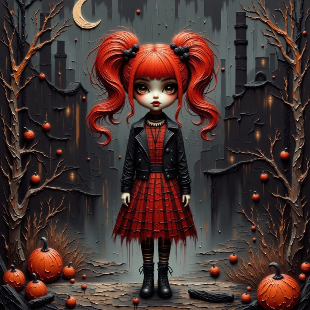 Goth Punk Woman in Tartan Dress with Crimson Hair