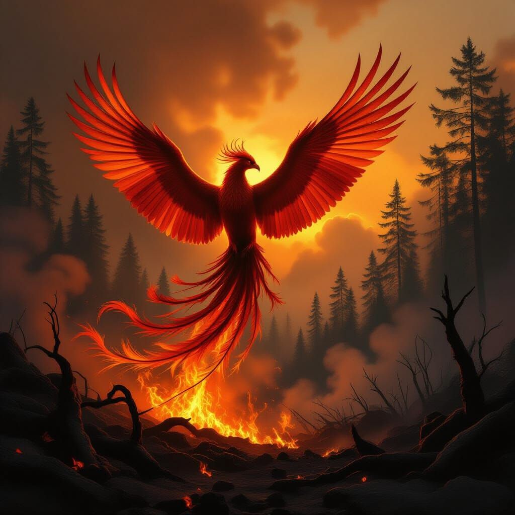 Majestic Phoenix Rises from Ashes in Baroque Fantasy Style