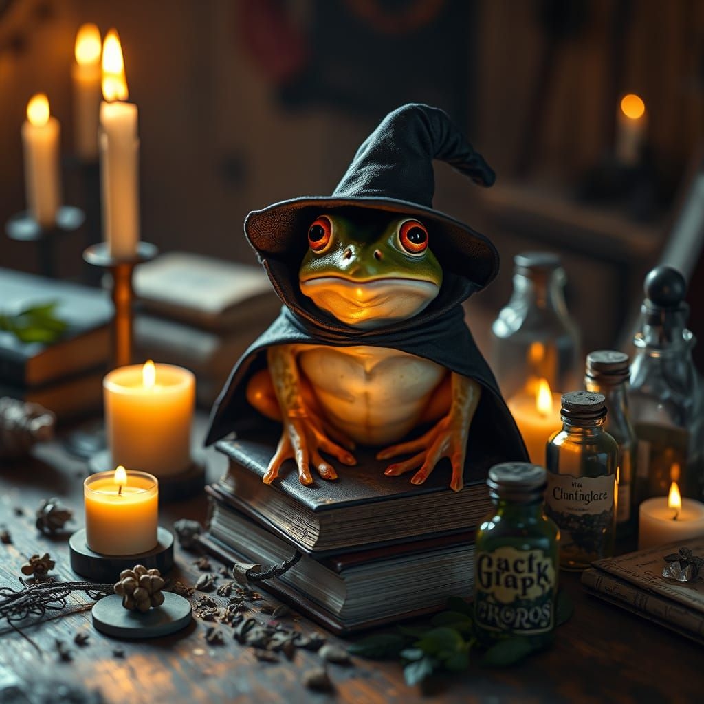 Enchanted Frog Wizard with Magical Items