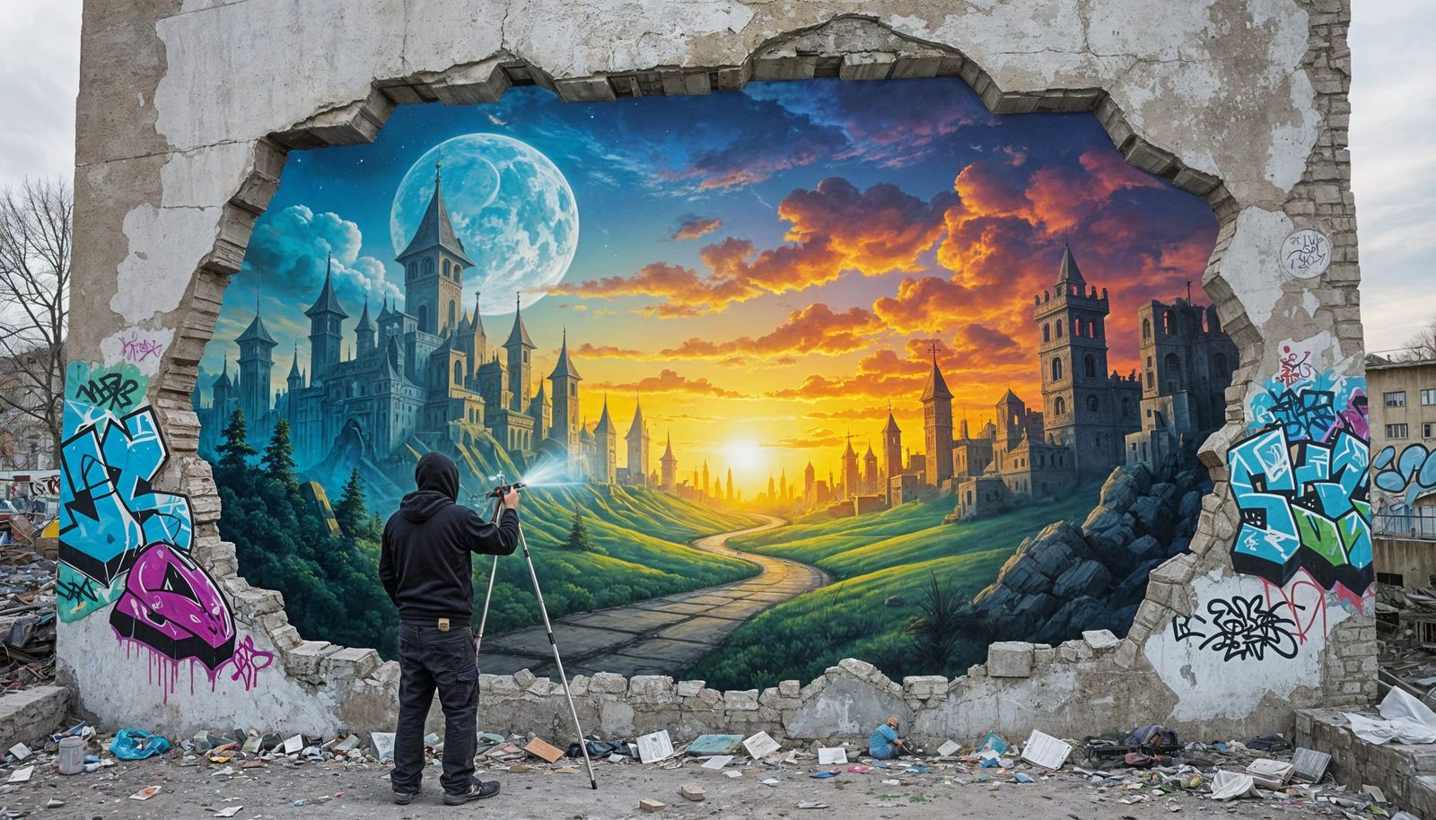 Fantasy Graffiti Art in a Ruined City