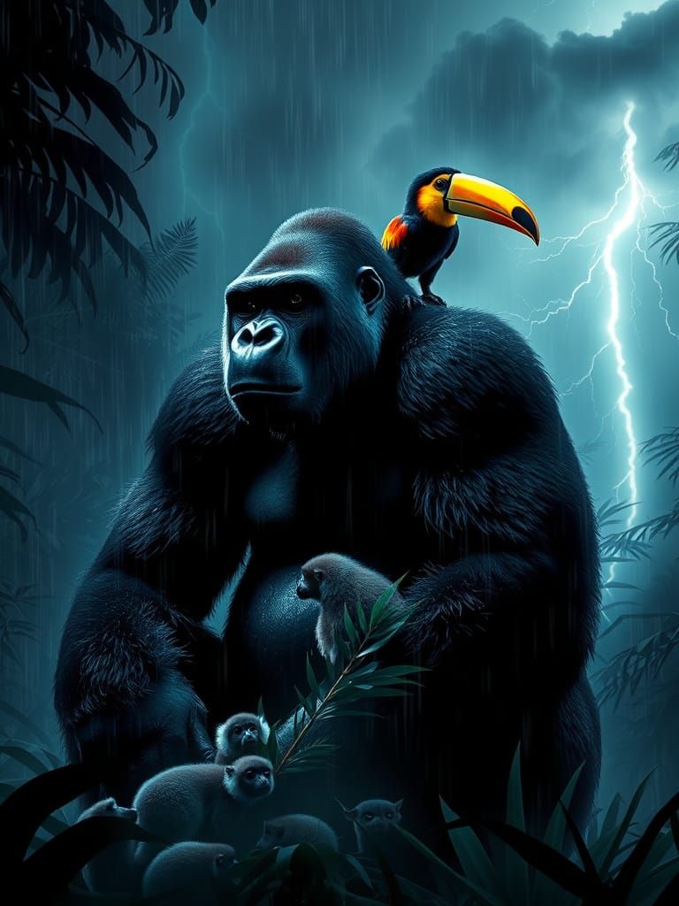 Giant Bioluminescent Gorilla in Misty Congo Jungle