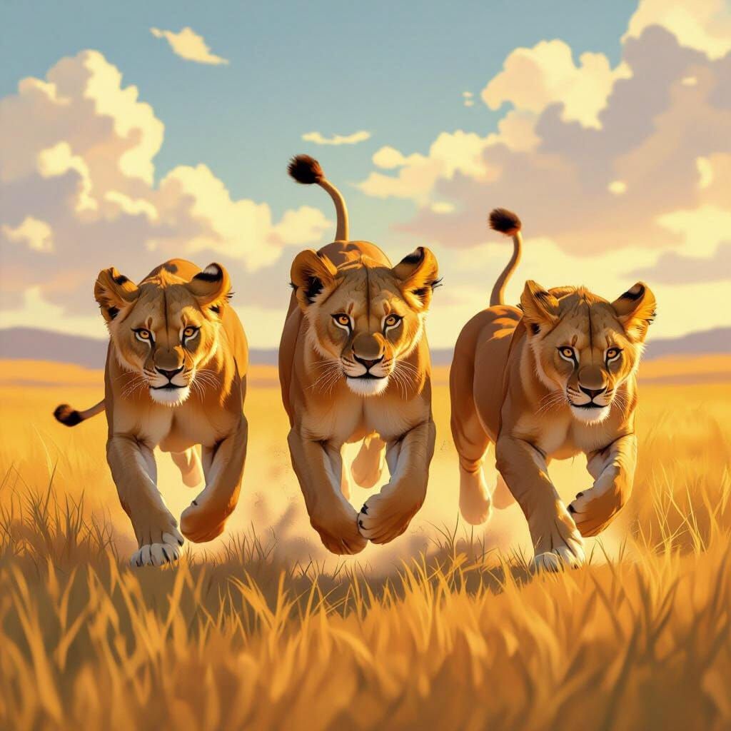 Young Lionesses Pounce in Vibrant Digital Painting