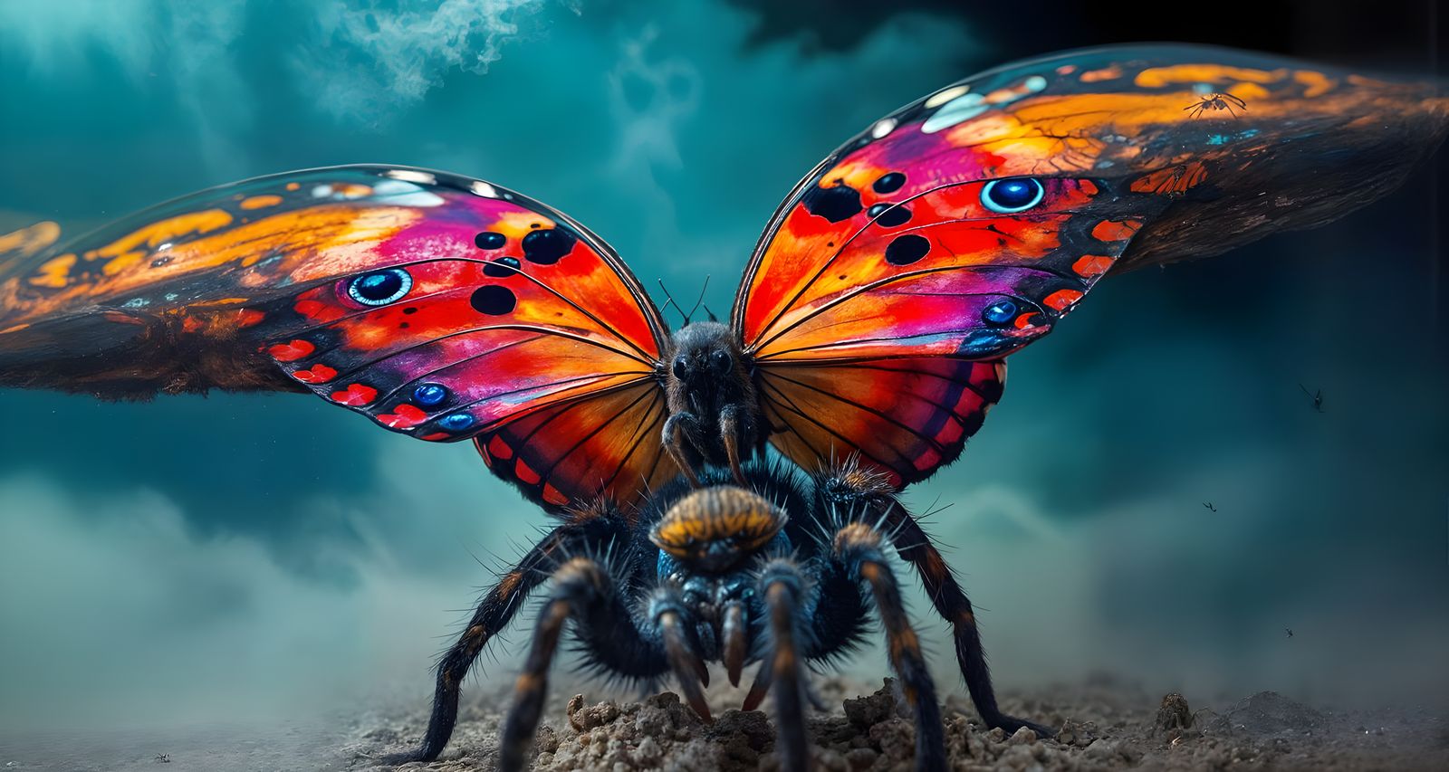 Surreal Butterfly Eats Spider in Vibrant Scene