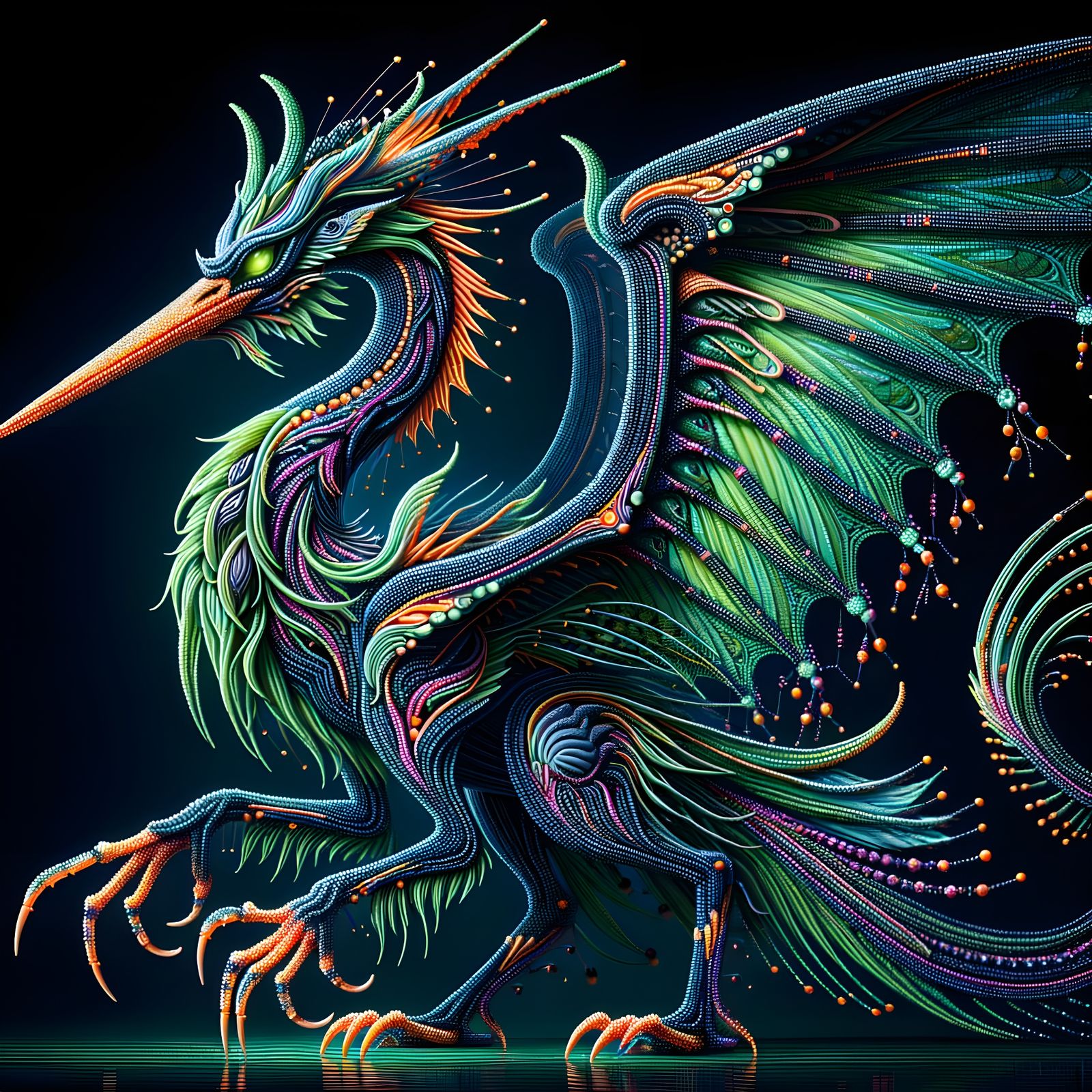 Beaded Dragon-Heron Hybrid in Green-Blue and Pink