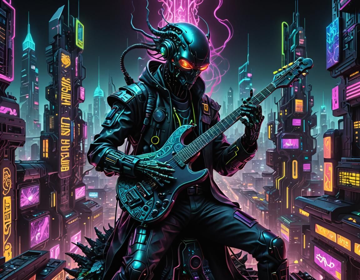 Cyberpunk-alien playing the guitar.