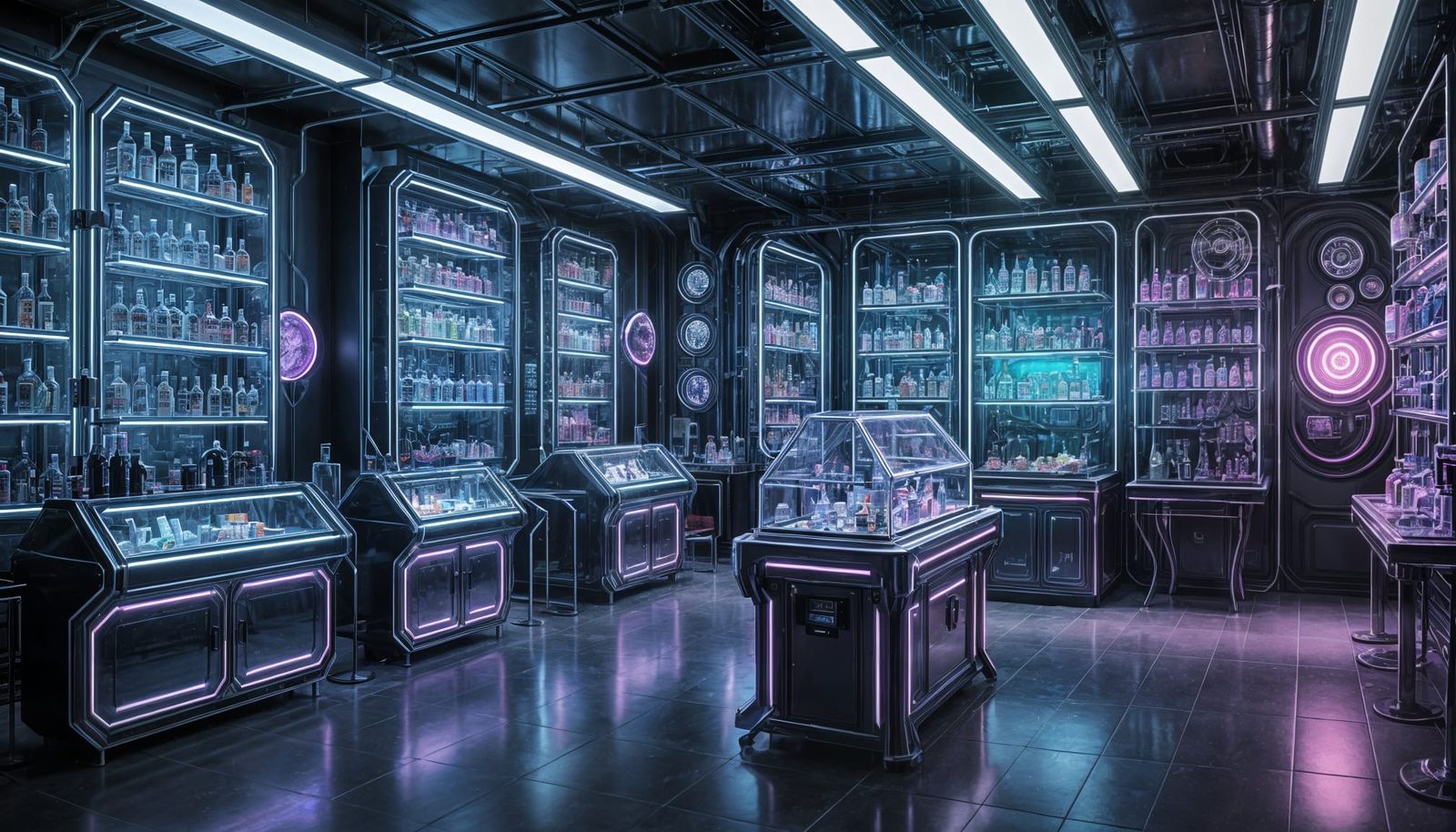 Sleek Futuristic Alchemy Lab in Neon Blue and Purple Hues