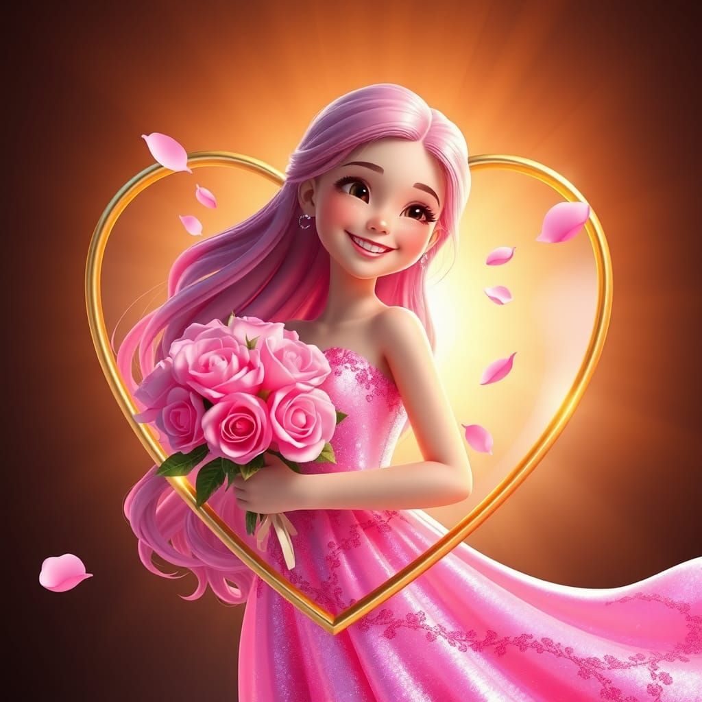 Joyful Girl with Roses in Iridescent Dress, 3D Art