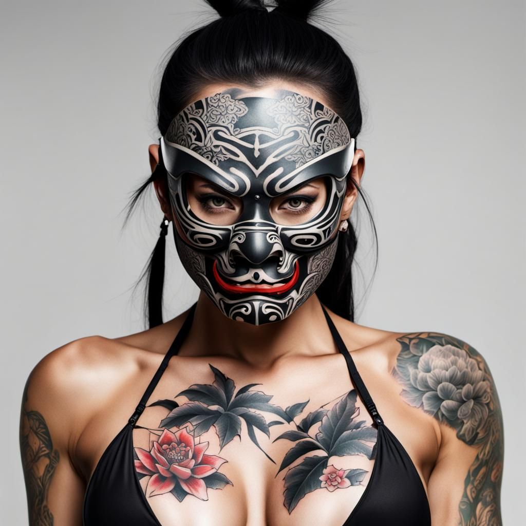 Bikini Girl with Samurai Mask and Tattoo