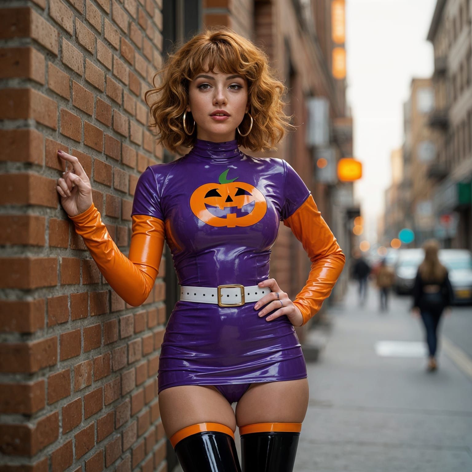 Woman in Shiny Purple and Orange Latex Outfit