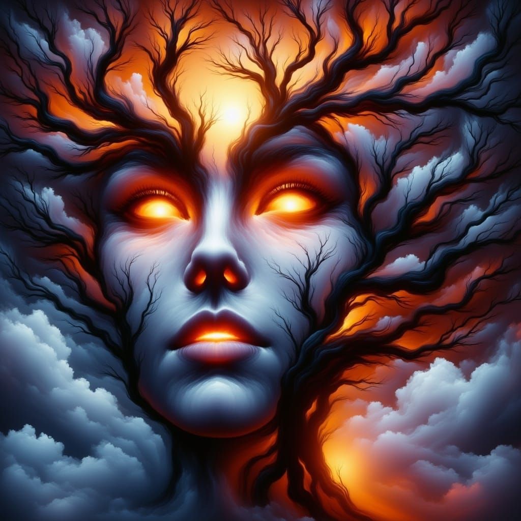 Surreal Tree of Life Portrait with Smoke