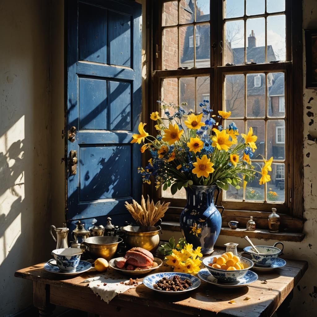 Golden and Delft Blue Flowers by Window, Hyperrealism