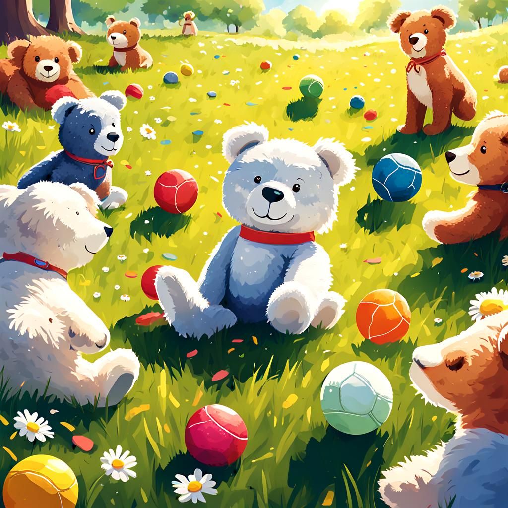 Stuffed Animals Play Kickball in Sunny Meadow