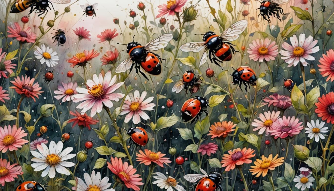 Watercolor Illustration: Ladybirds, Bees, and Blossoms