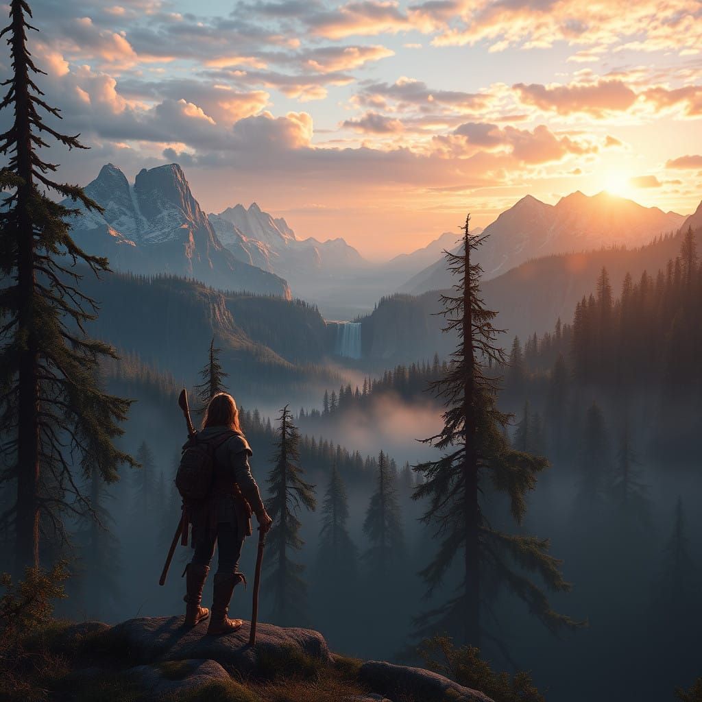 Surreal Fantasy Explorer Stands at Edge of Mystical Forest