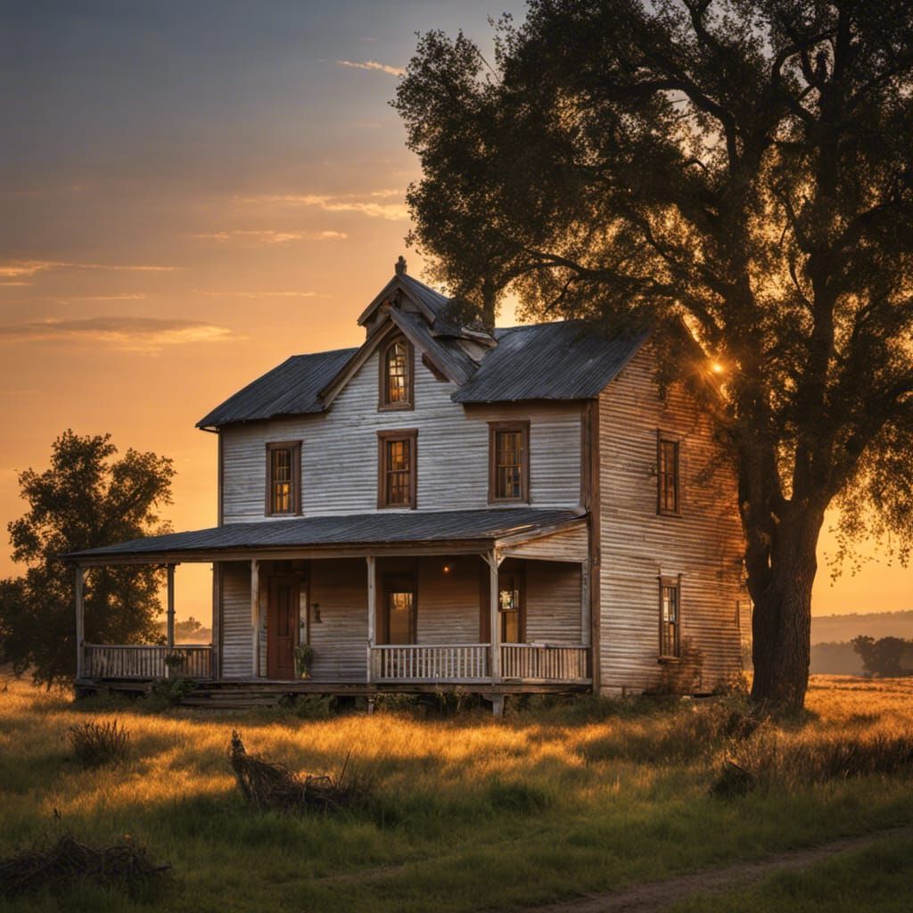 Old Western Farmhouse at Sunset